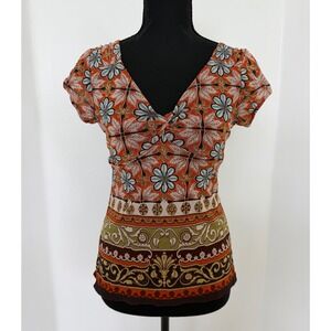 Y2K Floral Mesh Boho Nicole Miller Top V-Neck Cap Sleeve Retro Indie Festival S